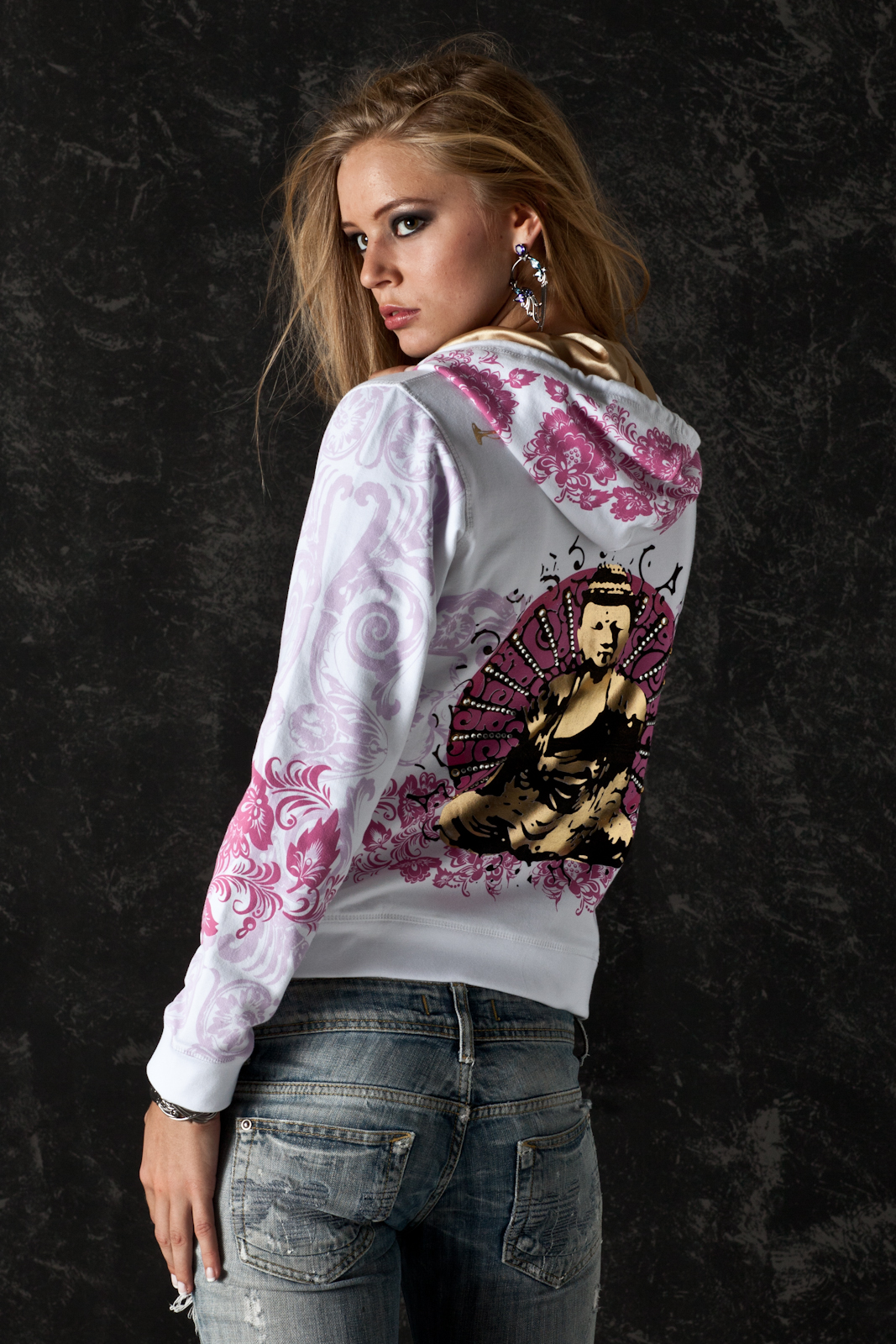 Hoodie Buddha with Flowers, back view